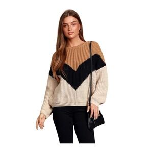 Lumiere Chevron Stripe V-Neck Sweater Cream Tan Black Knit L